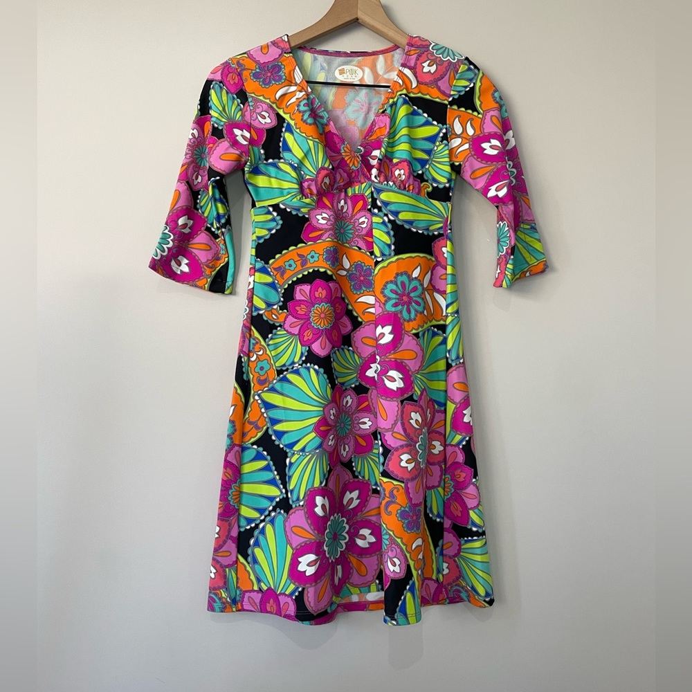 Spunk Wear vibrant floral fit and flare faux wrap mini dress size XS